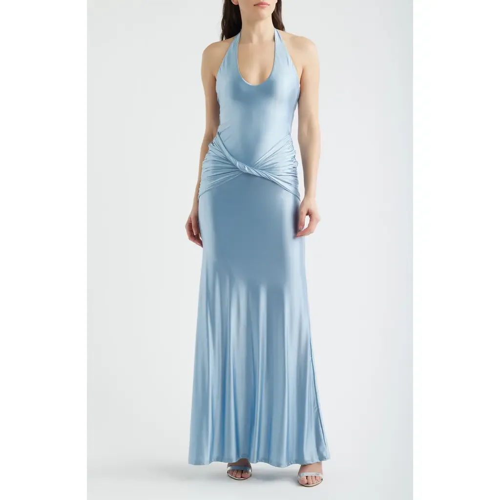 Soraya Halter Neck Satin Jersey Gown by Delfi Collective