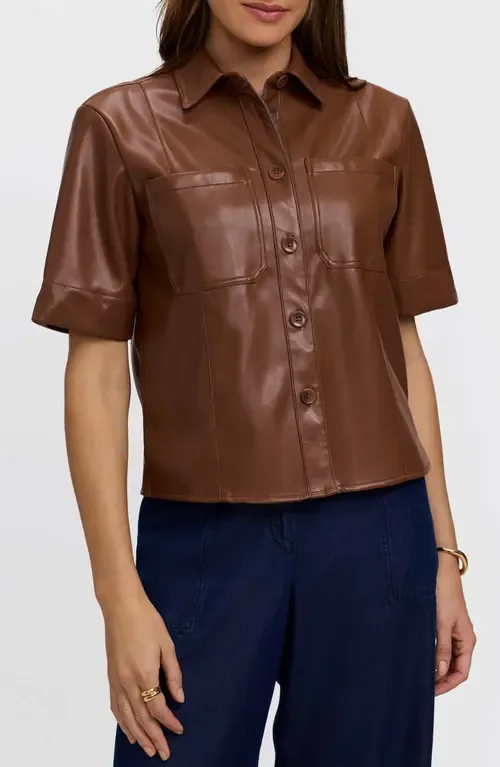 Demi Elbow Sleeve Faux Leather Button-Up Shirt by Foxcroft