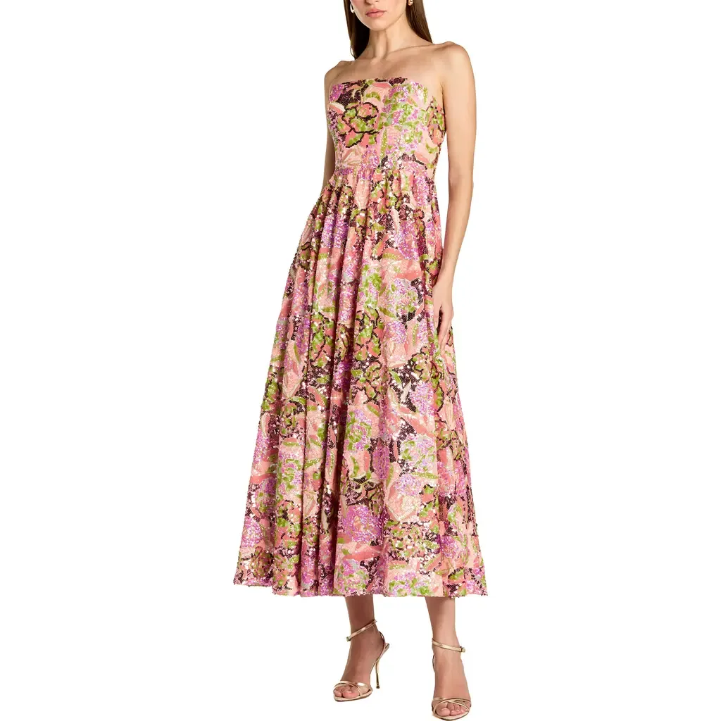 Floral Sequin Strapless a Line Midi Dress by Mac Duggal