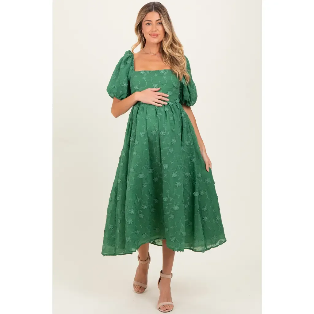 Embroidered Floral Puff Sleeve Midi Dress by PinkBlush