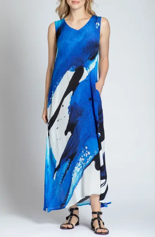 Print V-Neck Sleeveless Chiffon Midi Dress