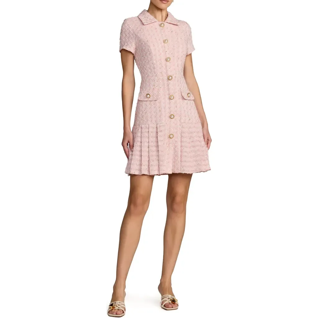 Bouclé Cap Sleeve Button Up Pleated Mini Dress