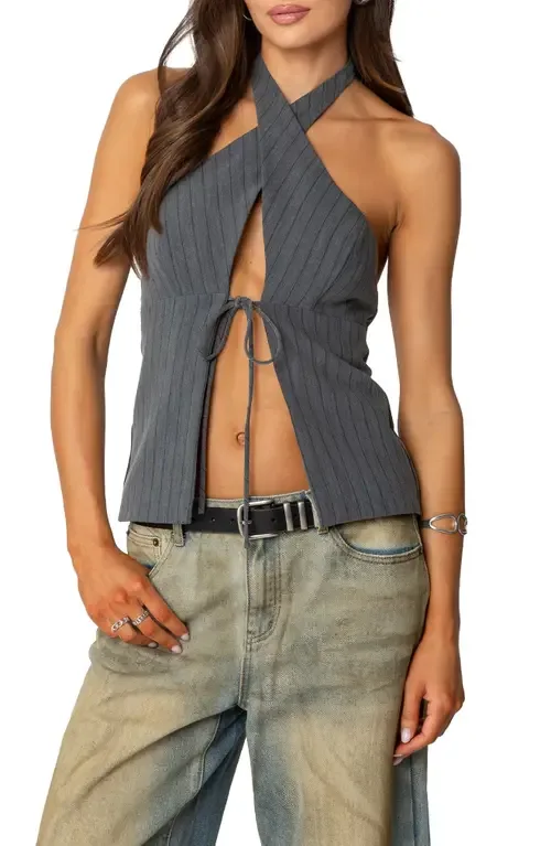 Pinstripe Split Front Halter Top by EDIKTED