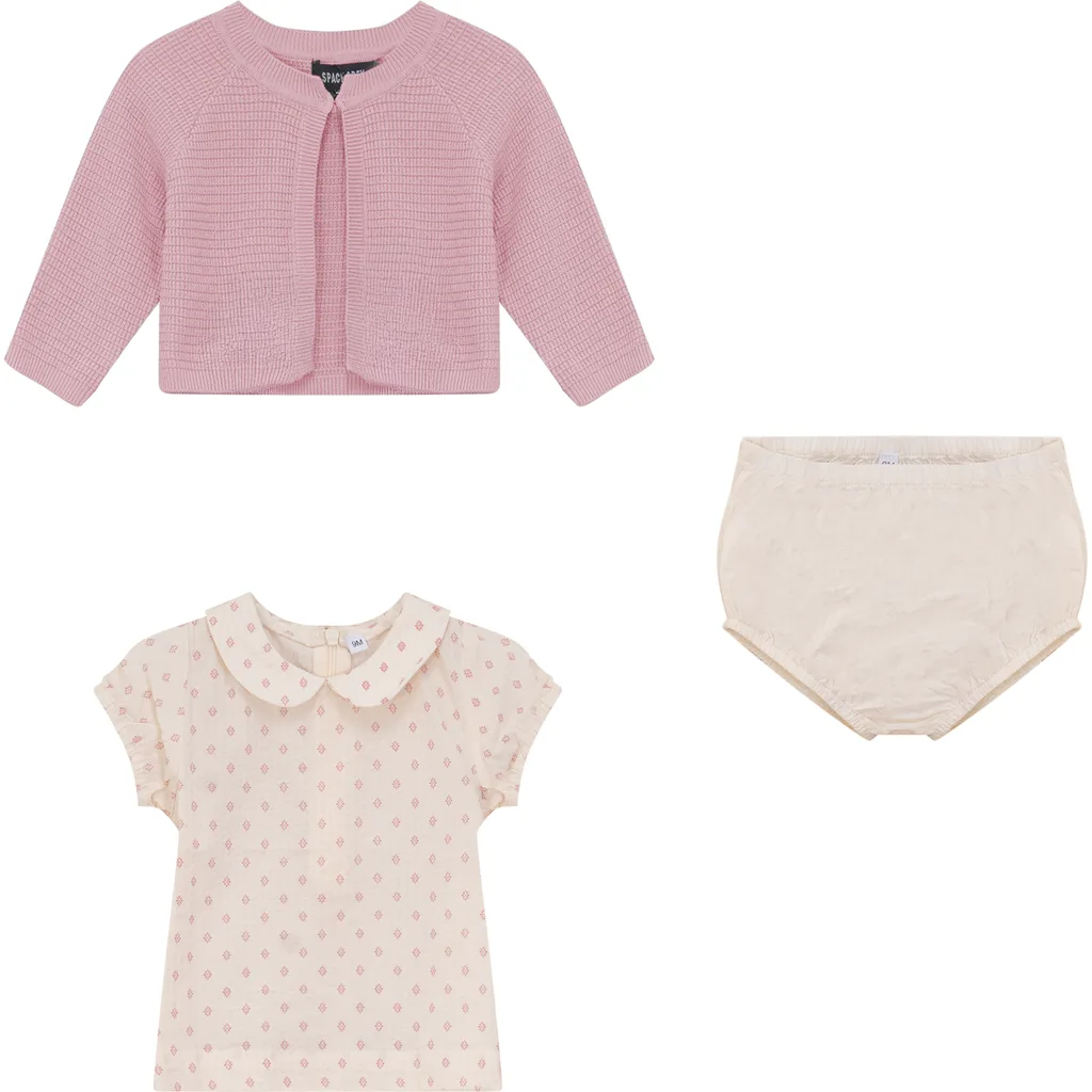 Printed Gauze Three Piece Short Sleeve Top, Cardigan and Bottoms Set by Space Grey