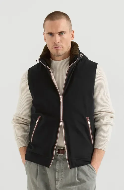 Bonded Wool Flannel Hooded Down Vest with Detachable Shearling Insert by Brunello Cucinelli