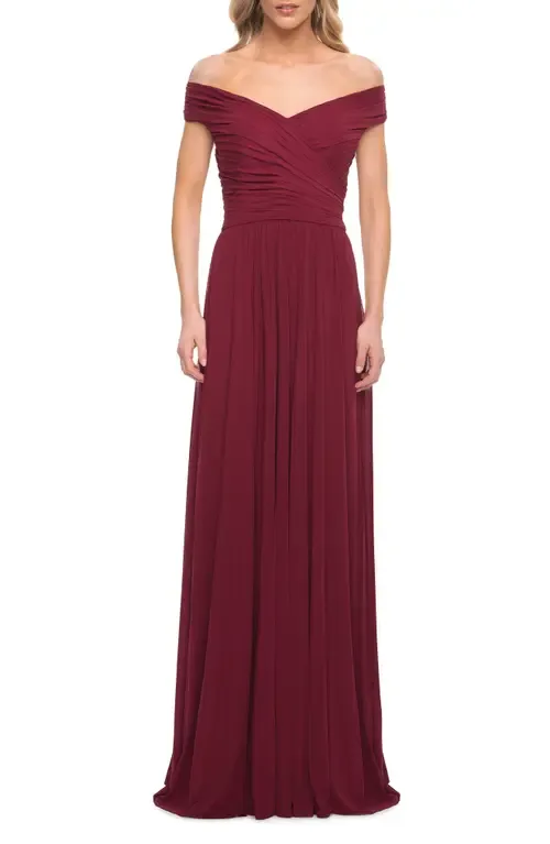 Off the Shoulder Net Jersey Long Dress with Ruching by La Femme