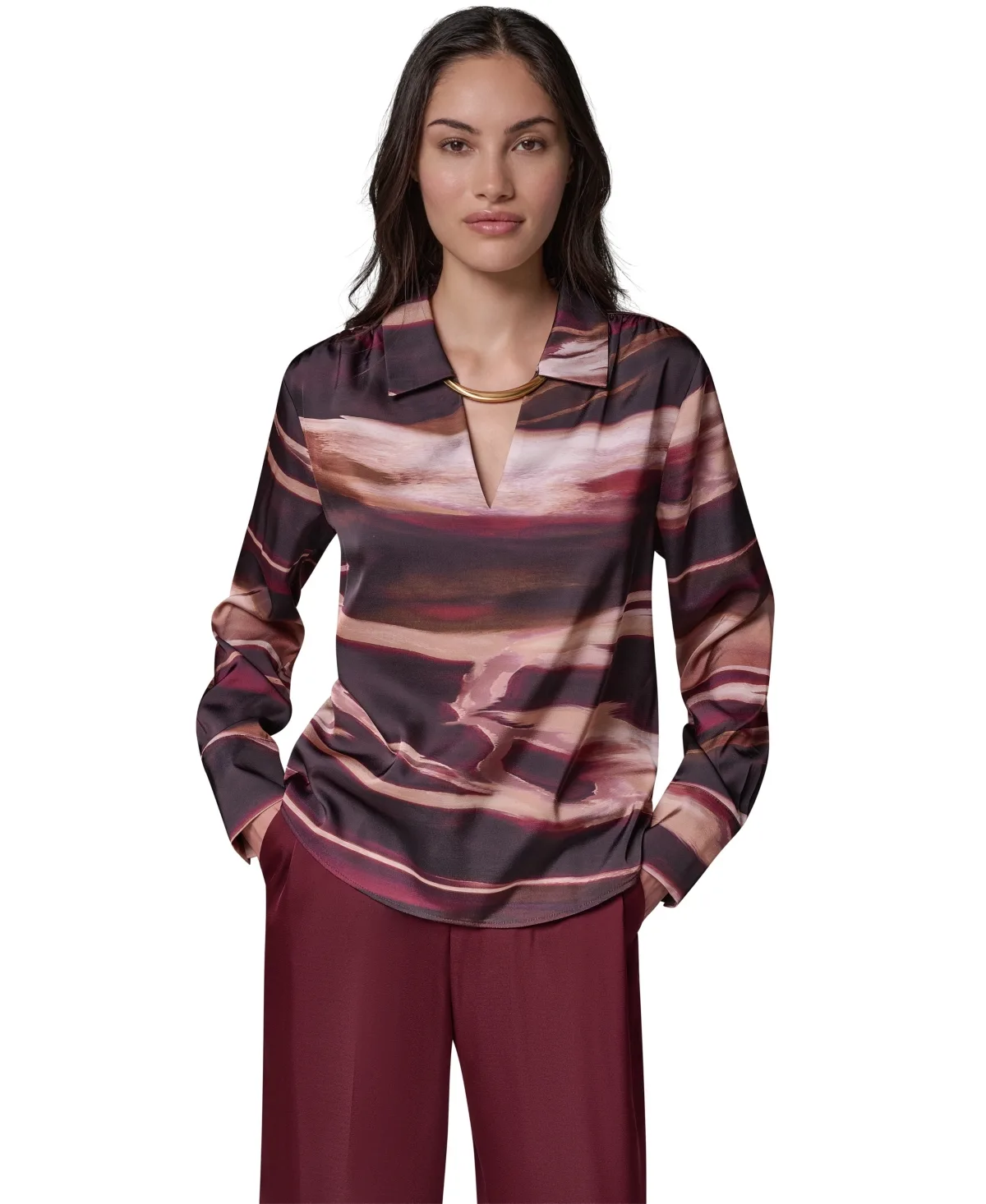 Long-Sleeve V-Neck Satin Blouse by Donna Karan New York