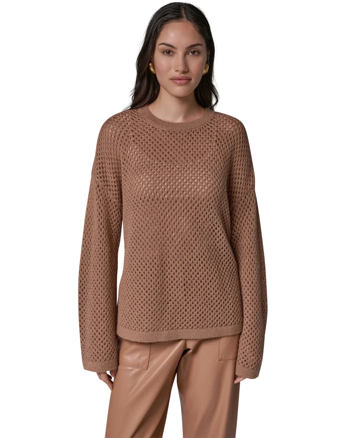 Oversized Long-Sleeve Open-Weave Crewneck Sweater by Donna Karan New York