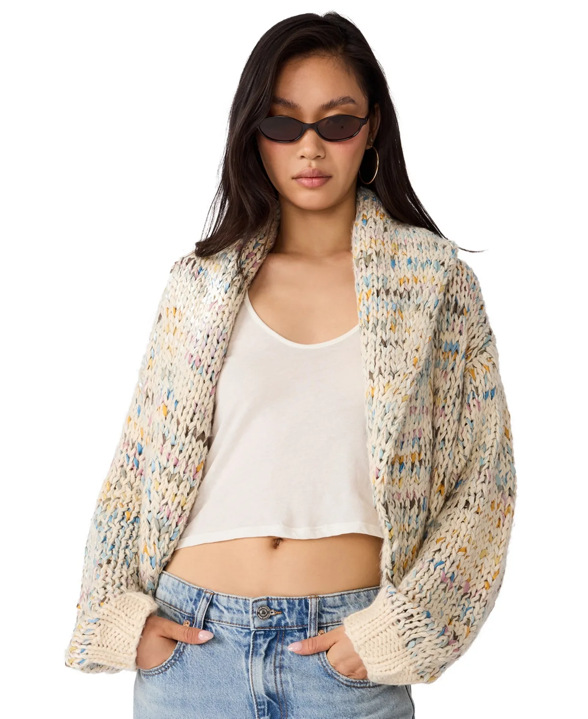 Enid Shawl-Collar Open-Front Space-Dyed Cardigan Sweater by Steve Madden