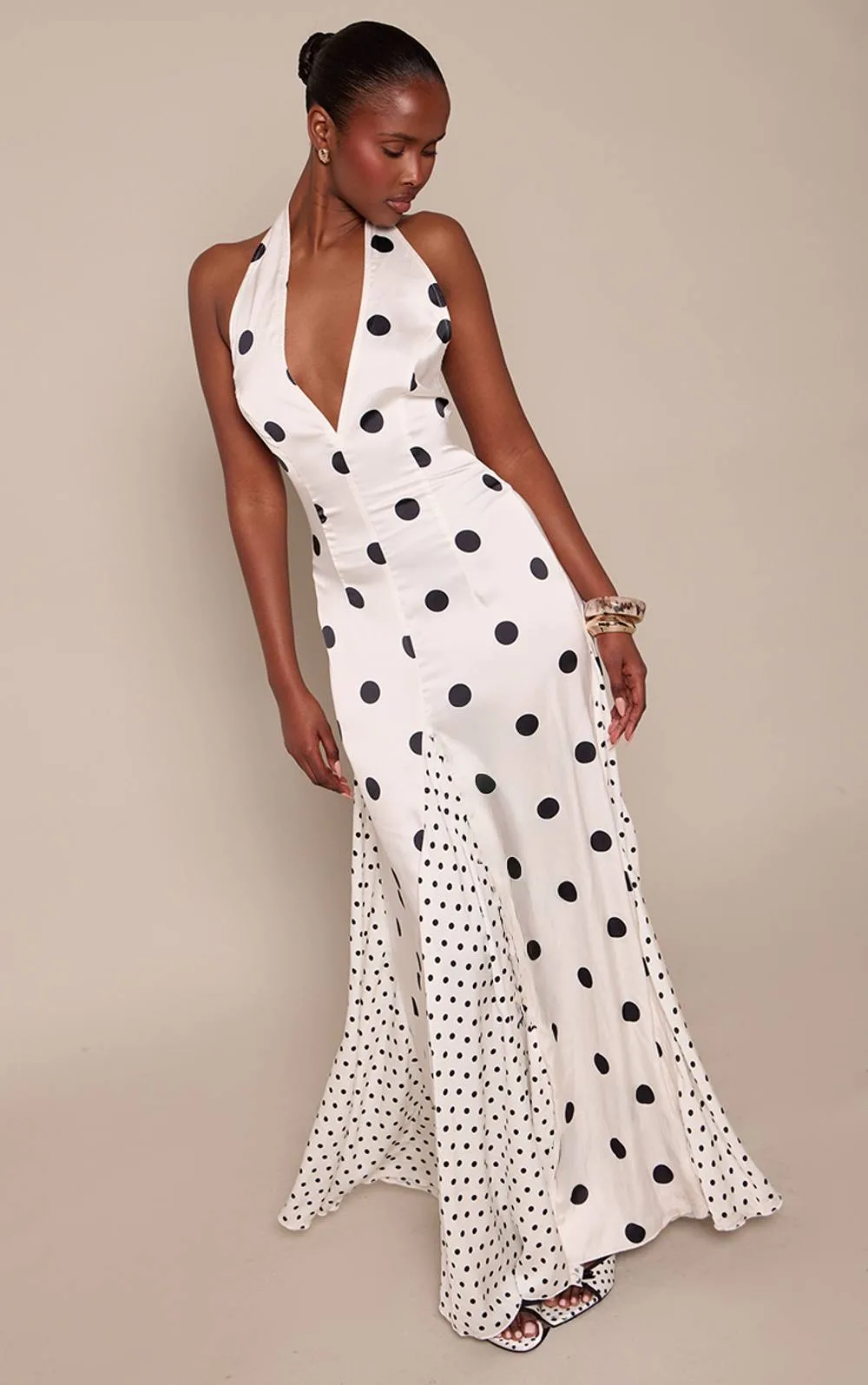Contrast Polka Dot Halterneck Maxi Dress