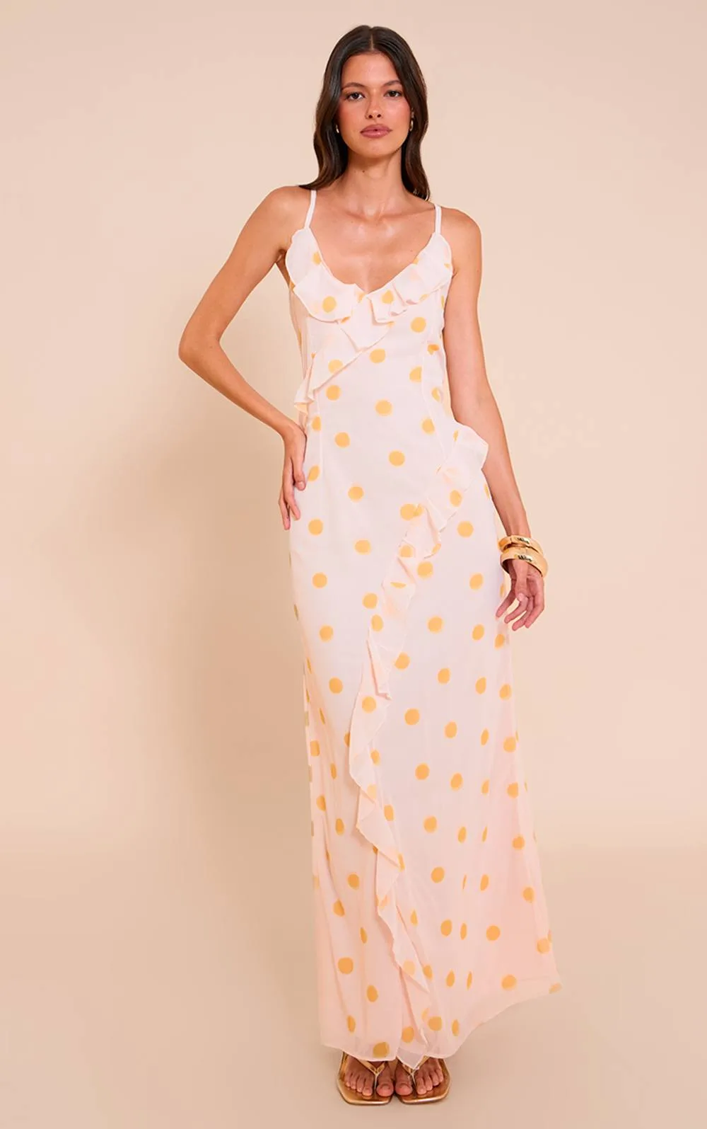 Polka Dot Printed Chiffon Frill Details Strappy Maxi Dress by PrettyLittleThing