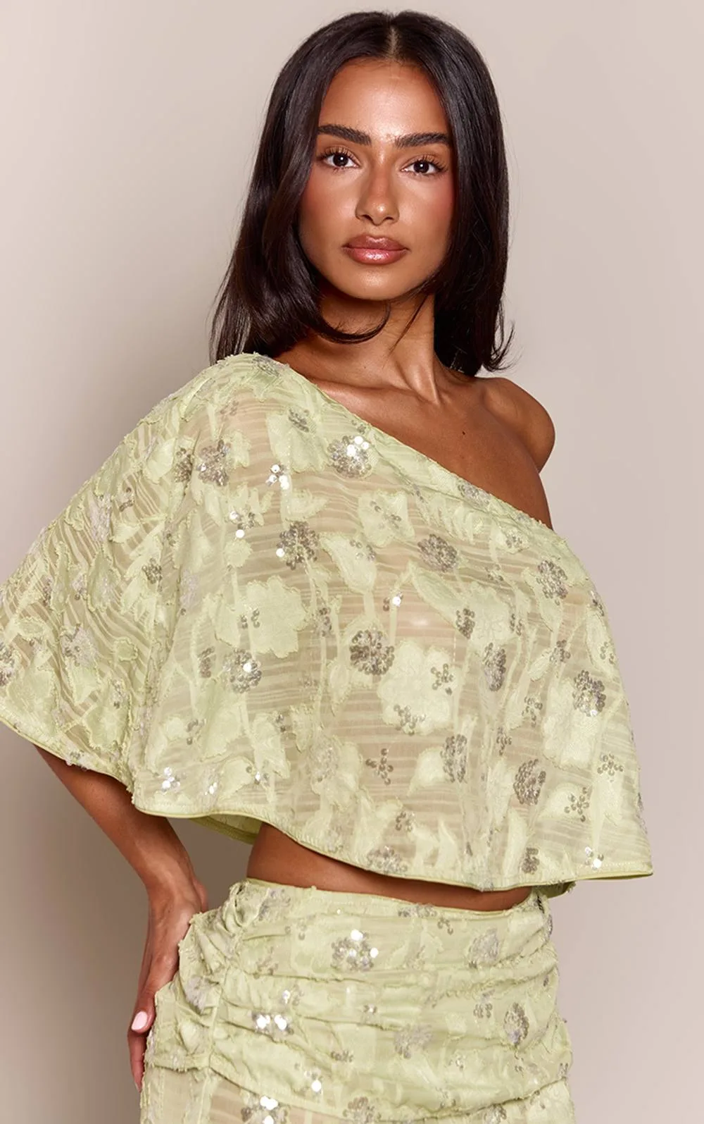 Floral Sequin Textured Off Shoulder Cape Top Co-Ord by PrettyLittleThing