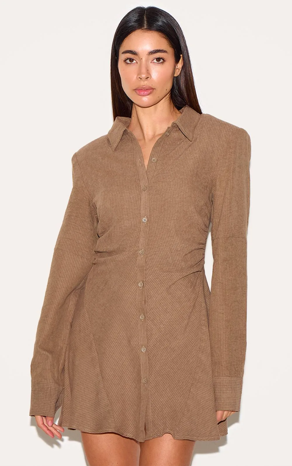 Structured Ruched Detail Long Sleeve Shirt Dress by PrettyLittleThing