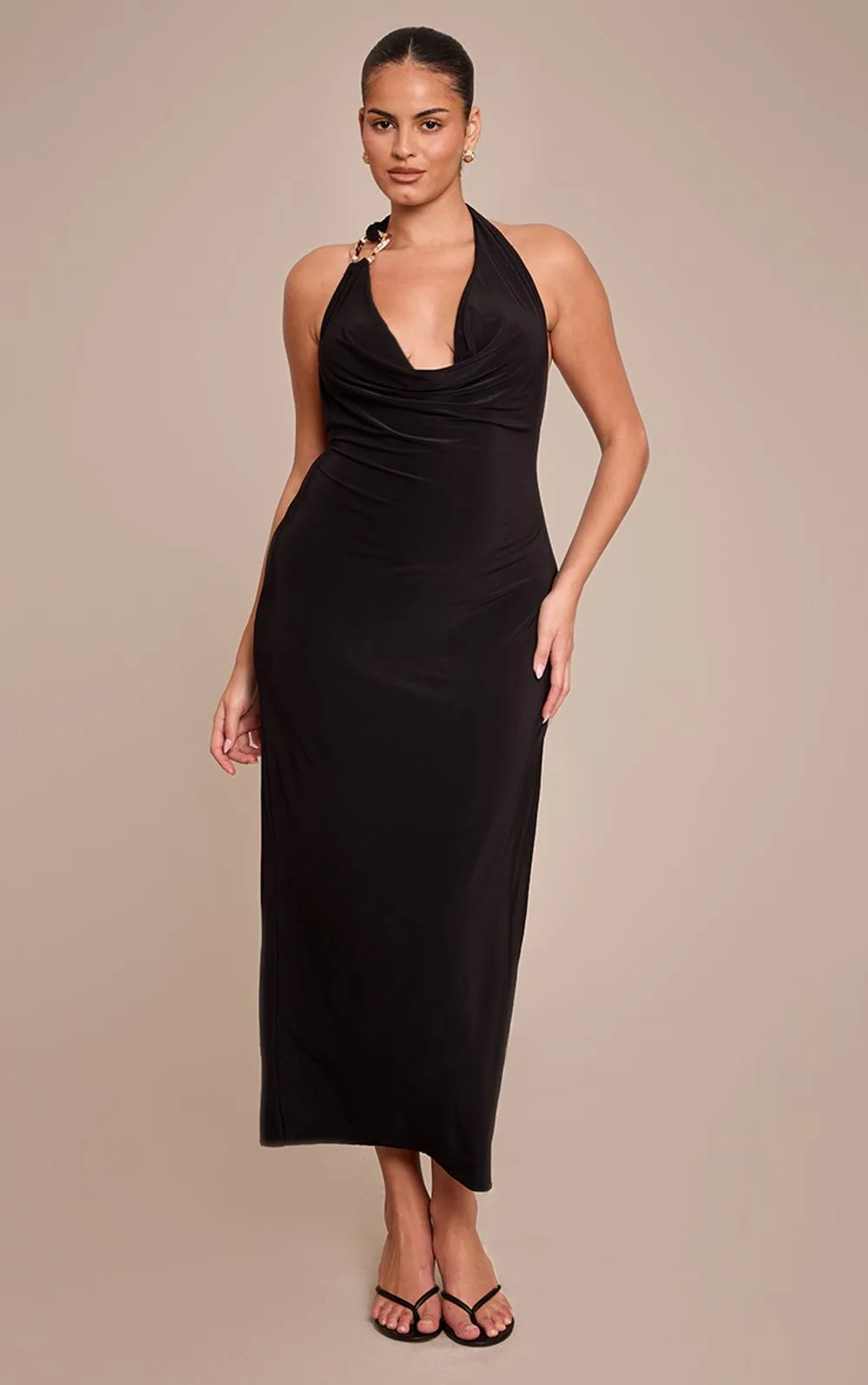 Slinky Halterneck Buckle Detail Maxi Dress