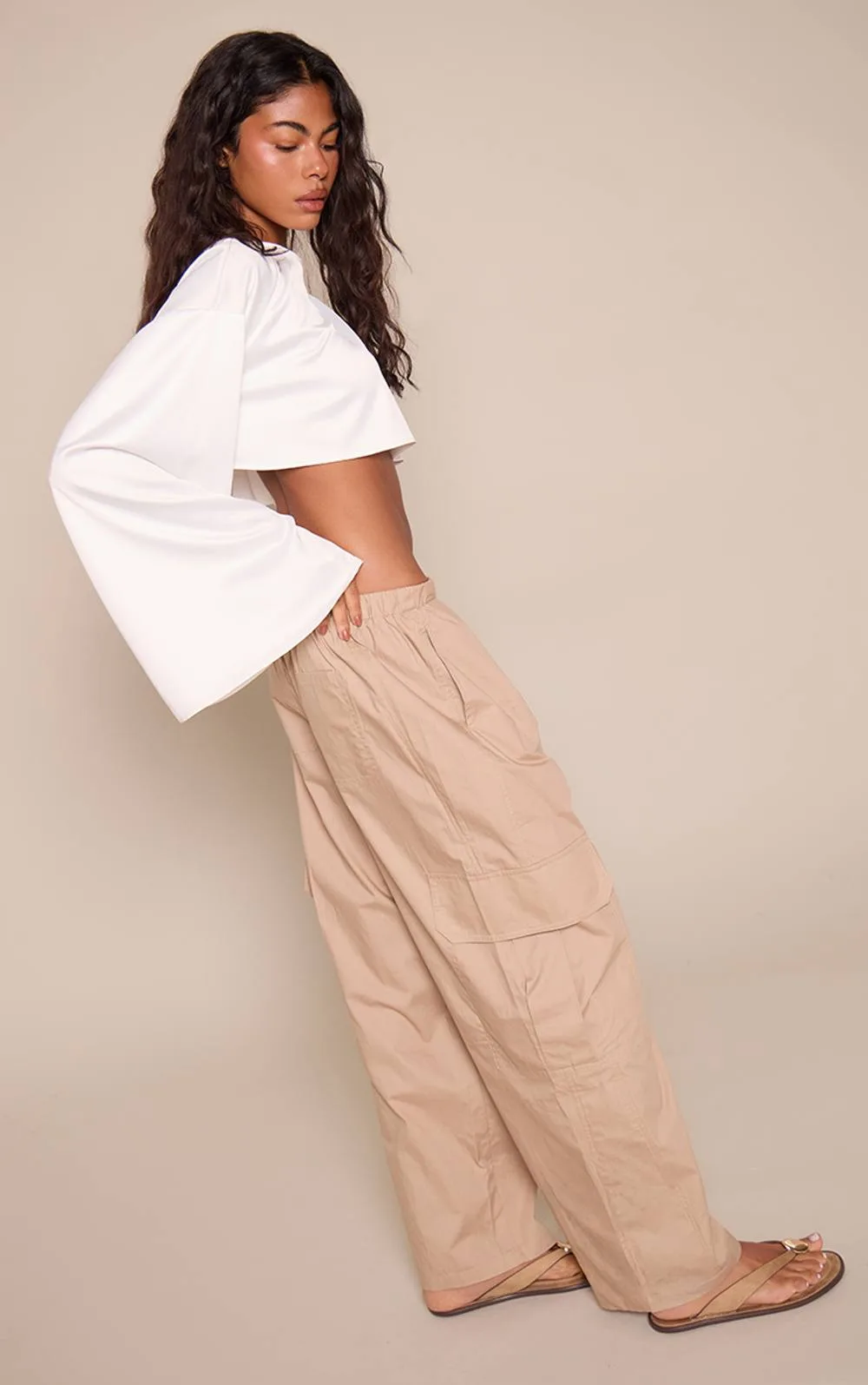 Cotton Cargo Pocket Detail Trousers - Stone by PrettyLittleThing