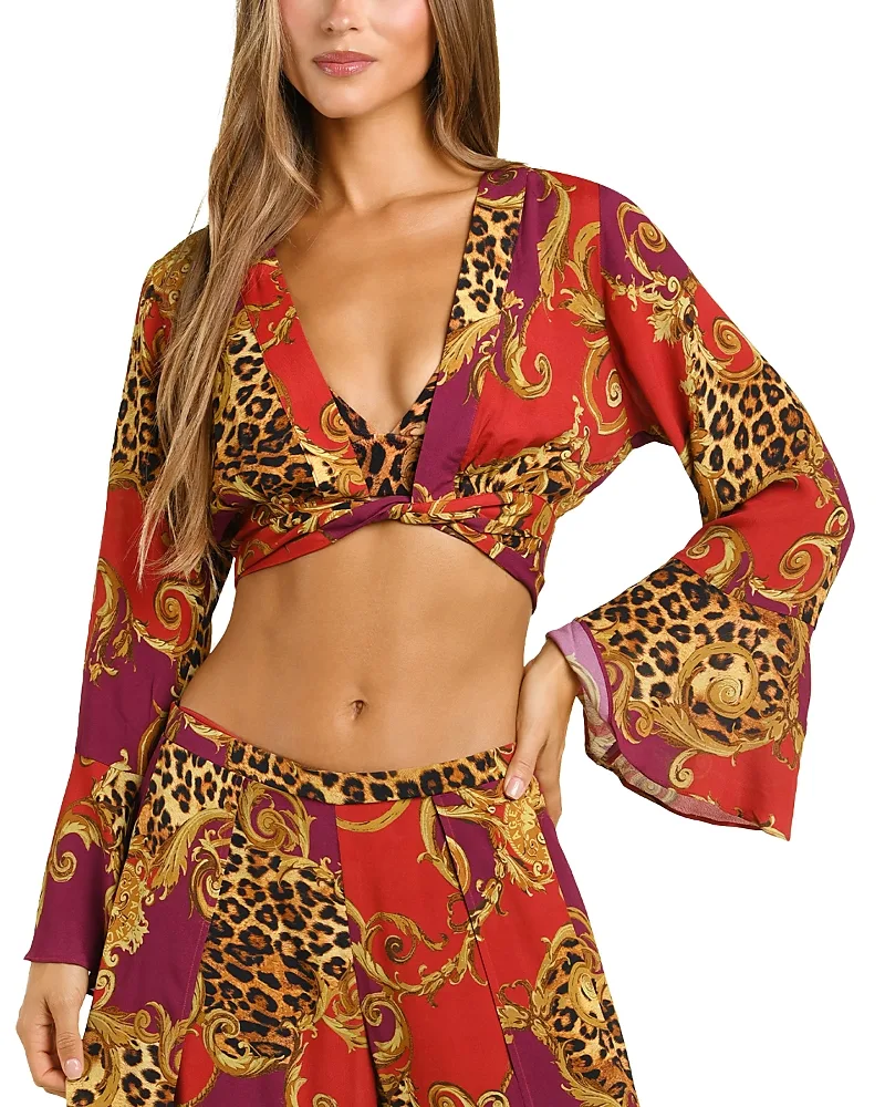 Baroque Leopard Scroll Ambala Crop Top Swim Cover-Up by L'AGENCE