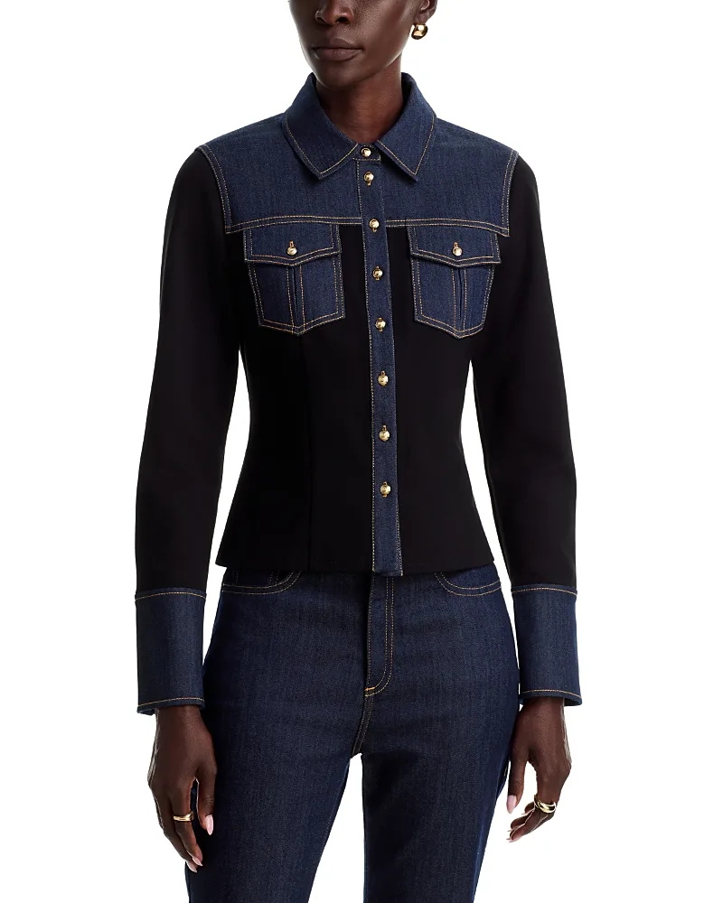 Lyric Denim Patchwork Button Up Shirt by Cinq a Sept