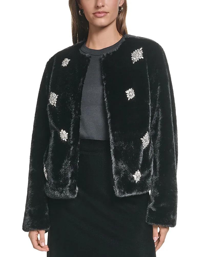 Faux Fur Collarless Embellished Jacket
