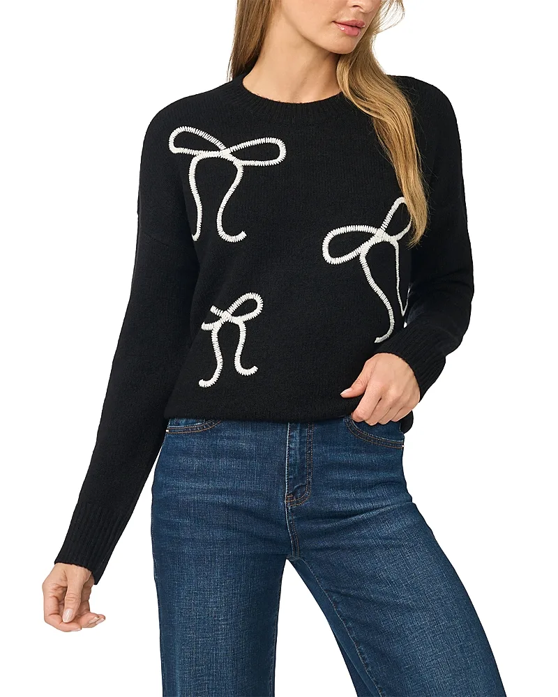 Bow Embroidery Crewneck Long Sleeve Sweater by CeCe