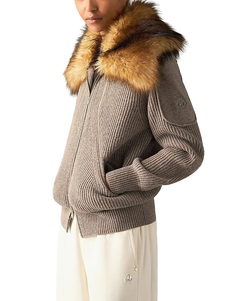 Corina Faux Fur Collar Wool Zip Sweater by Moose Knuckles