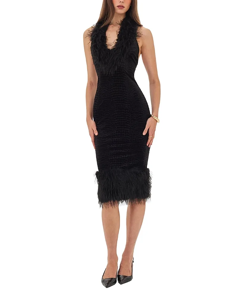Onalee Croc-Embossed Velvet Fur Midi Dress by Miss Circle