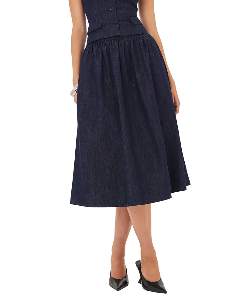 Maevie Denim Gathered A-Line Midi Skirt by Miss Circle