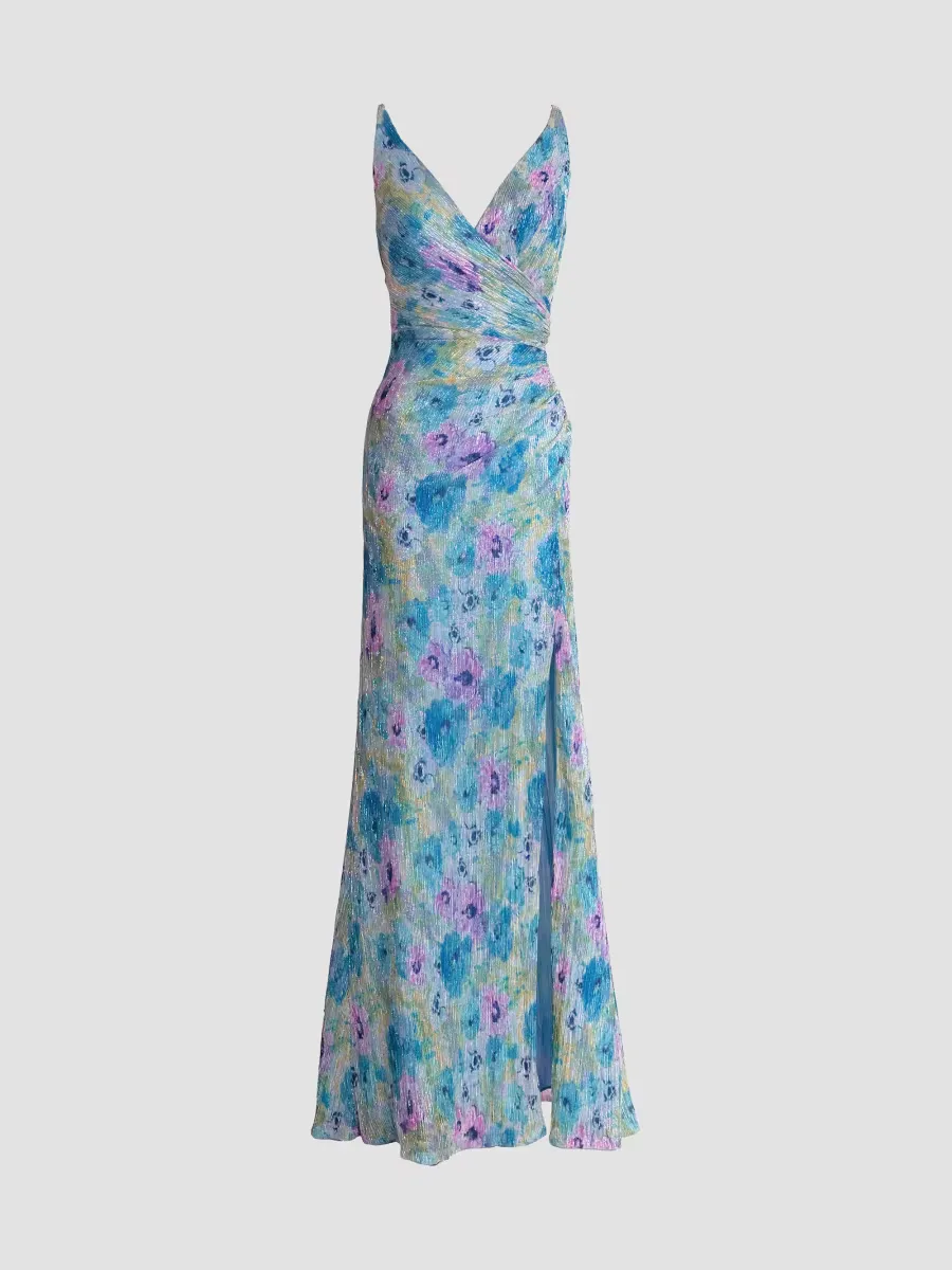 Jordan Floral Metallic Sleeveless Surplice Gown by Dress the Population