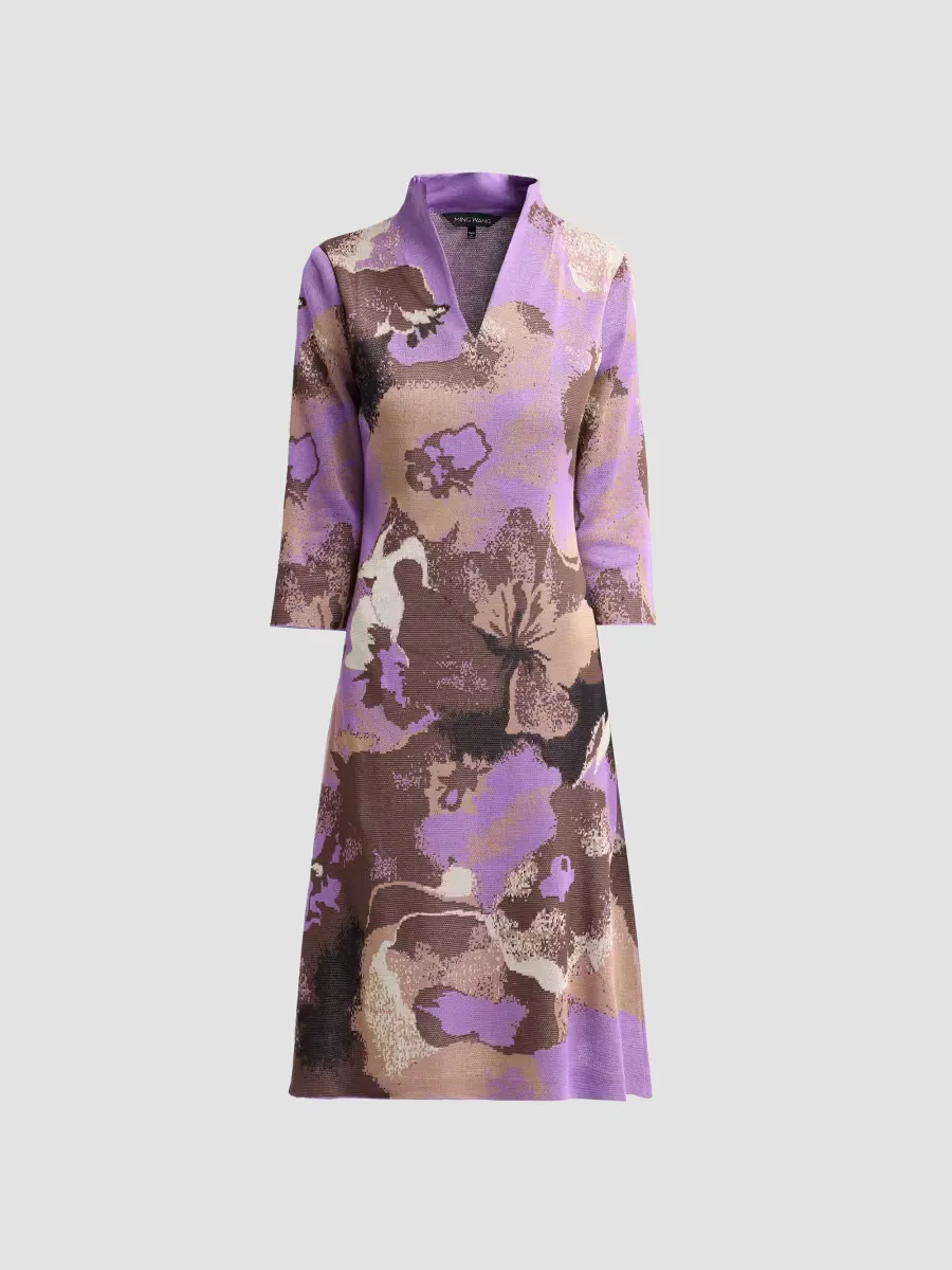 Abstract Jacquard-Knit V-Neck Midi Dress by Ming Wang