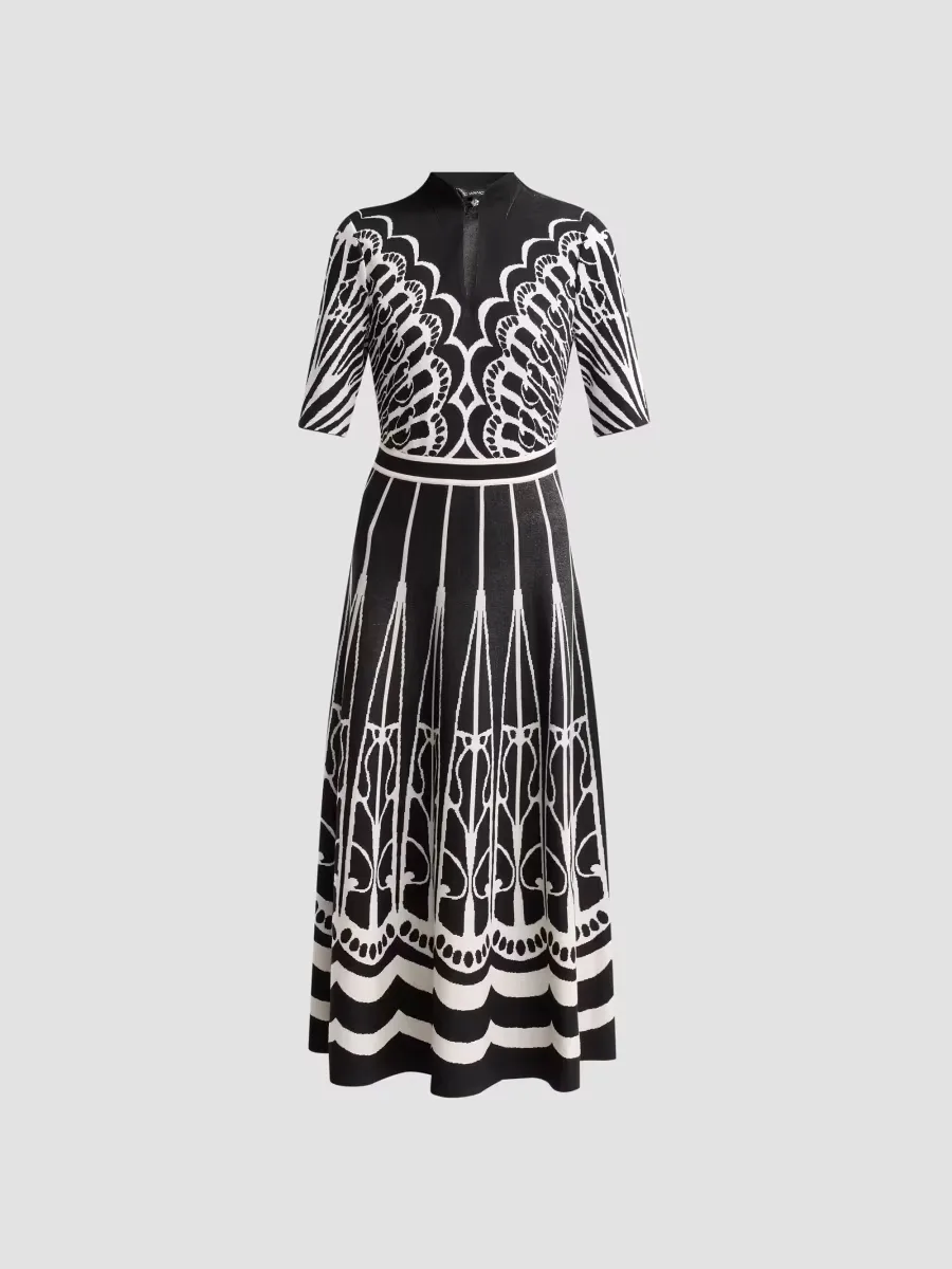 Split Neck A-Line Midi Dress by Ming Wang