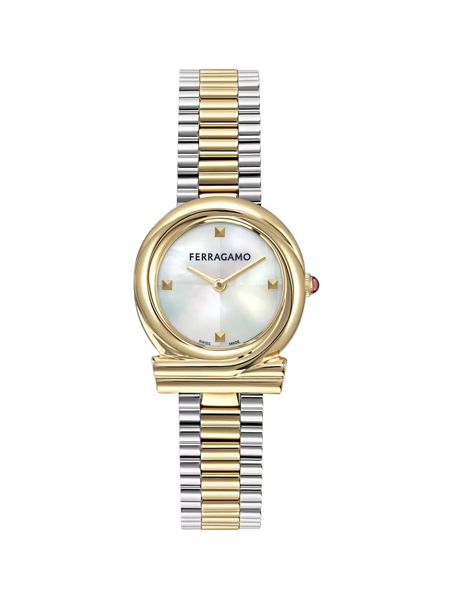 Gancini Twisted Two-Tone Goldtone Stainless Steel & Mother-Of-Pearl Bracelet Watch/28MM by Ferragamo