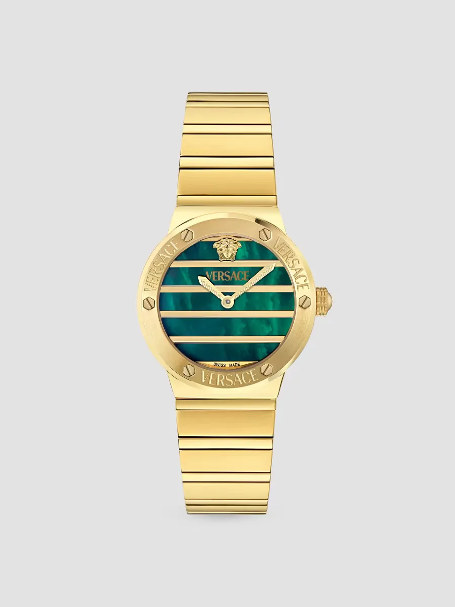 Greca Logo Goldtone Stainless Steel & Green Mother-Of-Pearl Bracelet Watch/33MM by Versace