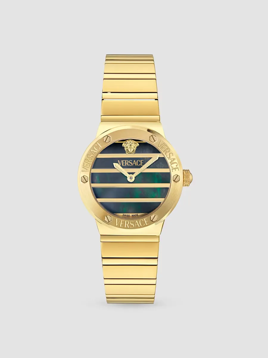Greca Logo Goldtone Stainless Steel & Black Mother-Of-Pearl Bracelet Watch/33MM by Versace