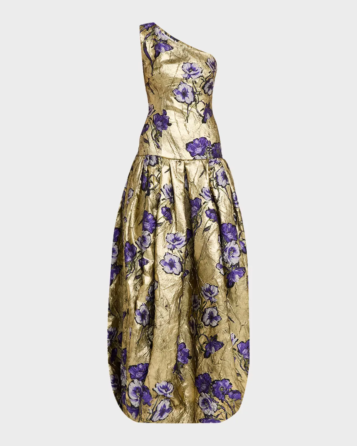 One-Shoulder Metallic Floral Jacquard Drop-Waist Bubble Gown by Prabal Gurung