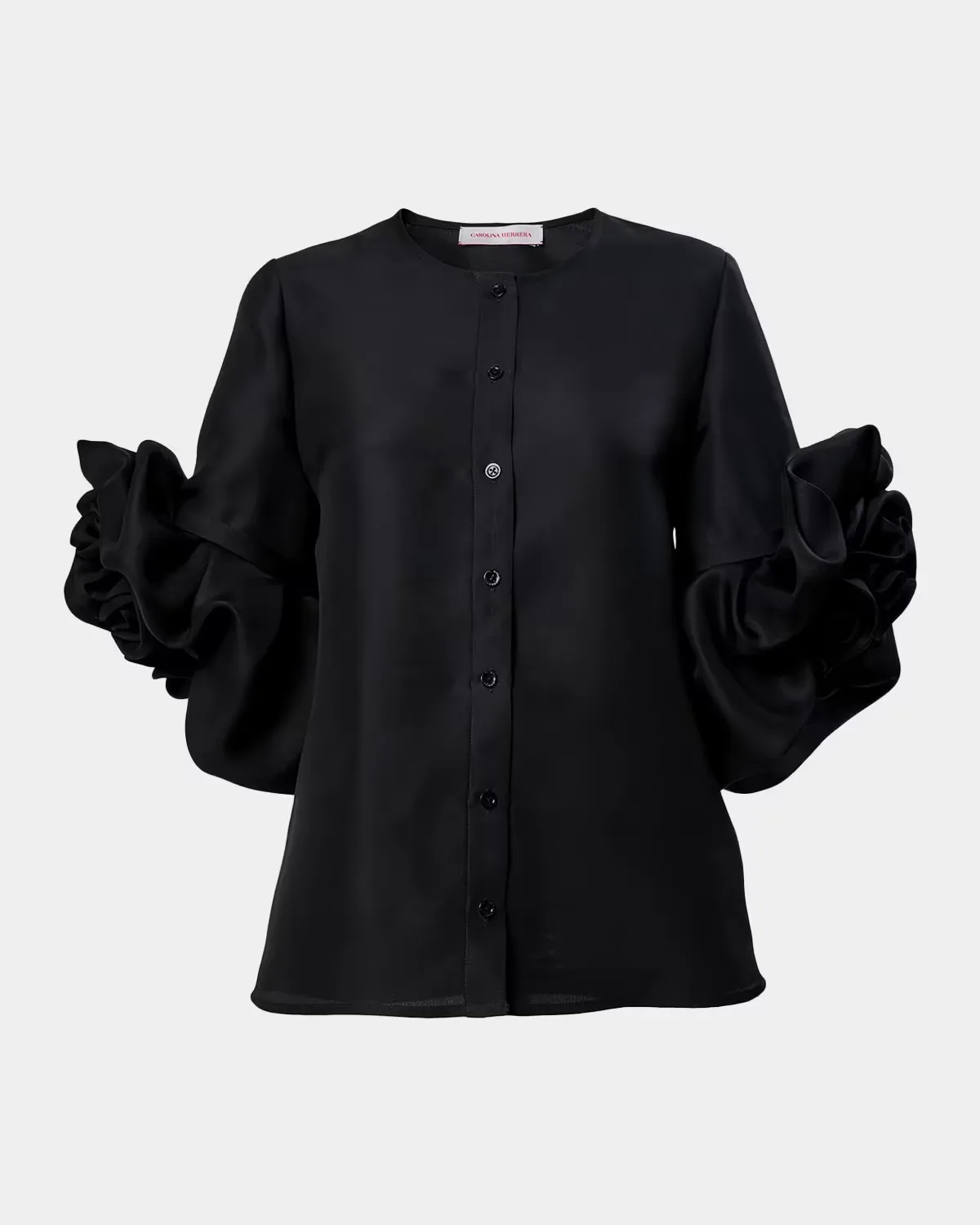 Silk Gazar Rosette-Sleeve Blouse by Carolina Herrera
