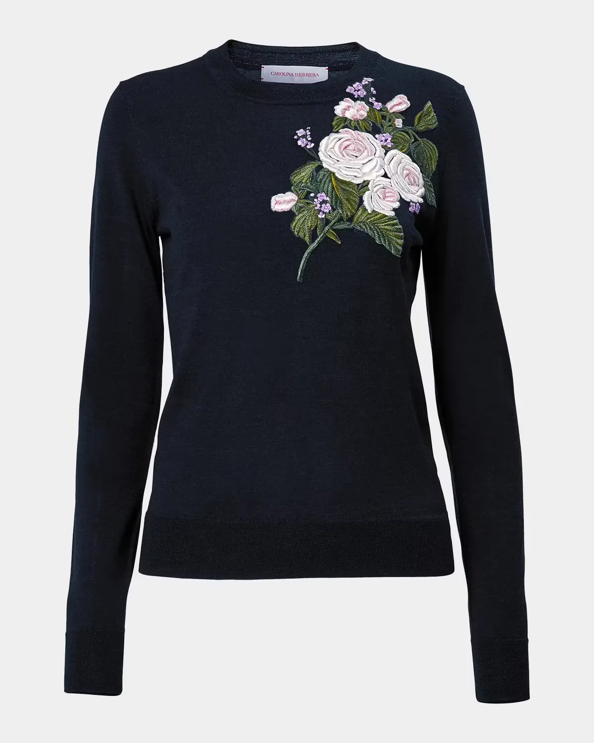 Floral Embroidered Crewneck Wool Sweater by Carolina Herrera