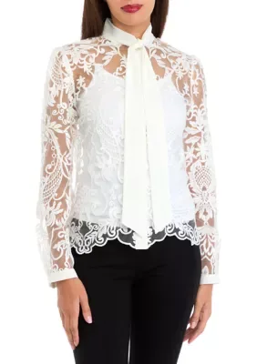 Long Sleeve Bow Tie Lace Blouse by Ultra Pink