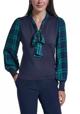 Long Sleeve Tie V-Neck Twofer Sweater by Tommy Hilfiger