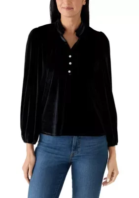 Velvet Button Down Ruffle Neck Shirt