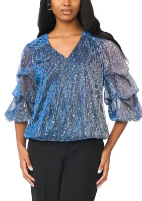 3/4 Sleeve V-Neck Glitter Knit Top by Msk