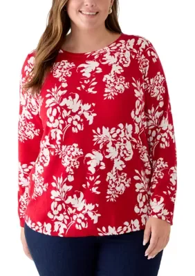 Long Sleeve Red White Blooms Print T-Shirt by Kim Rogers