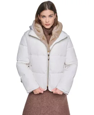 Short Puffer with Inner Bib and Faux Mink Hood by Halston