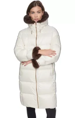 3/4 Length Channel Quilt Puffer with Faux Mink Trim Collar and Cuff by Halston