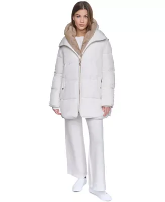 Puffe Coat with Inner Snap Vest and Faux Mink Hood Trim by Halston