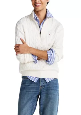 Classic Cotton Cable Zip Mock Neck Pullover by Tommy Hilfiger