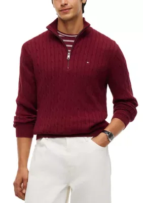 Classic Cotton Cable Zip Mock Neck Pullover