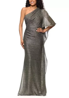 Off Shoulder Crinkle Metallic Ruffle Side Gown by Betsy & Adam