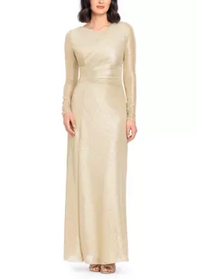 Long Sleeve Metallic Knit Asymmetric Neck Ruched Side Gown by Betsy & Adam