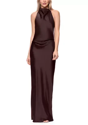 Sleeveless Halter Satin Gown with Bow Tie Back by Betsy & Adam