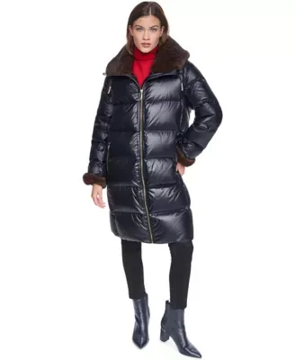 3/4 Length Channel Quilt Puffer with Faux Mink Trim Collar and Cuff