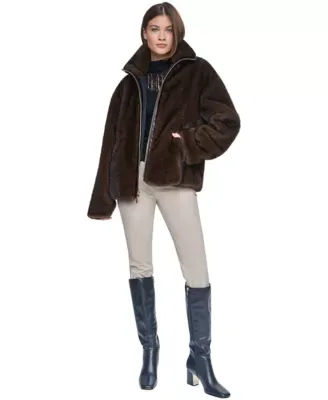 Short Faux Mink Jacket with Gold Zipper and Pleather Trim Inset by Halston